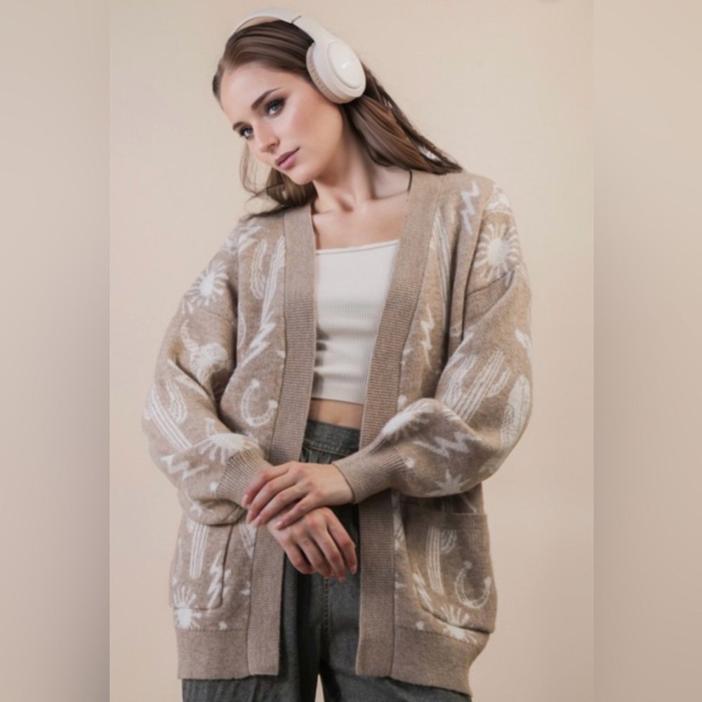 Cozy Beige Patterned Women's Western Chic  Sweater
